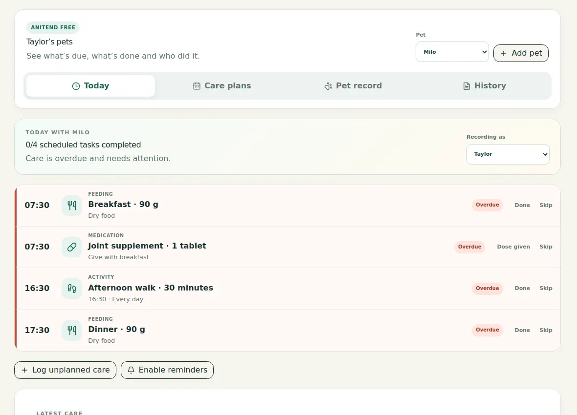 AniTend My Pets daily care screen