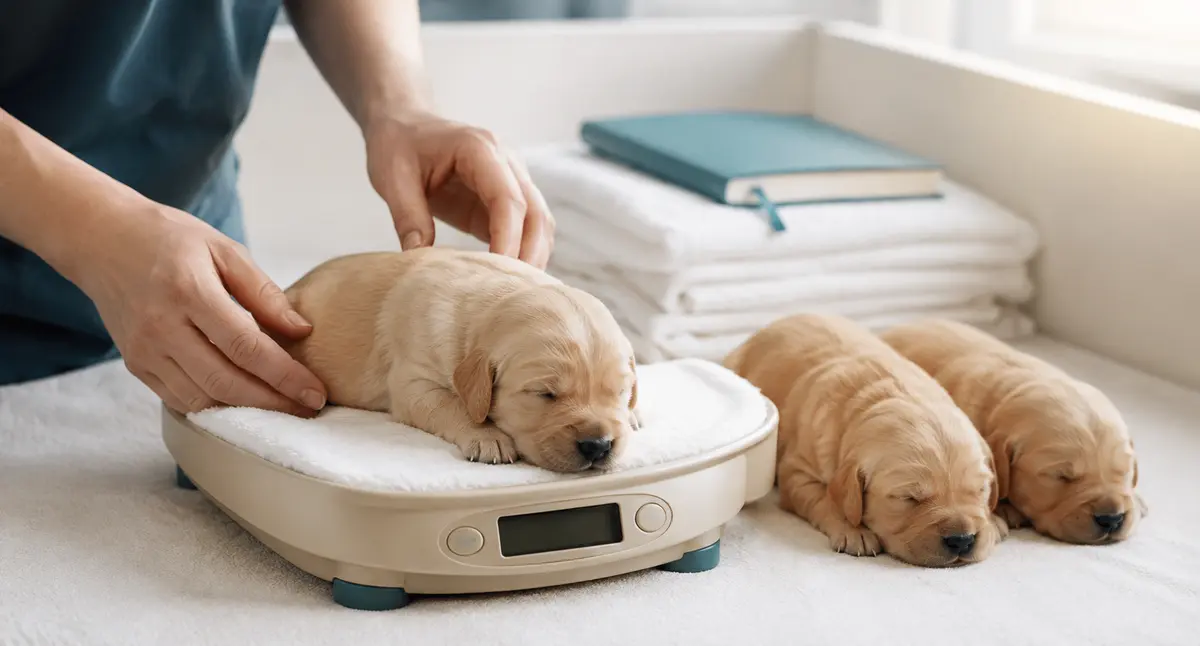 A litter of puppies being weighed for their feeding plan