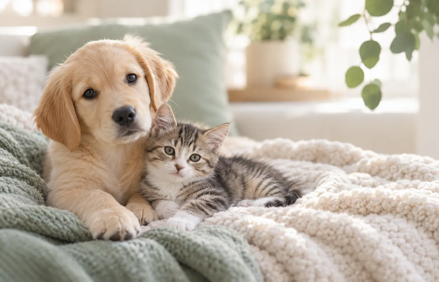 A puppy and kitten resting together